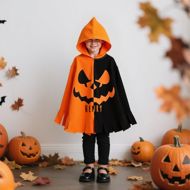 Personalized Kid Pumpkin Halloween Hooded Cloak | CWHalloween51