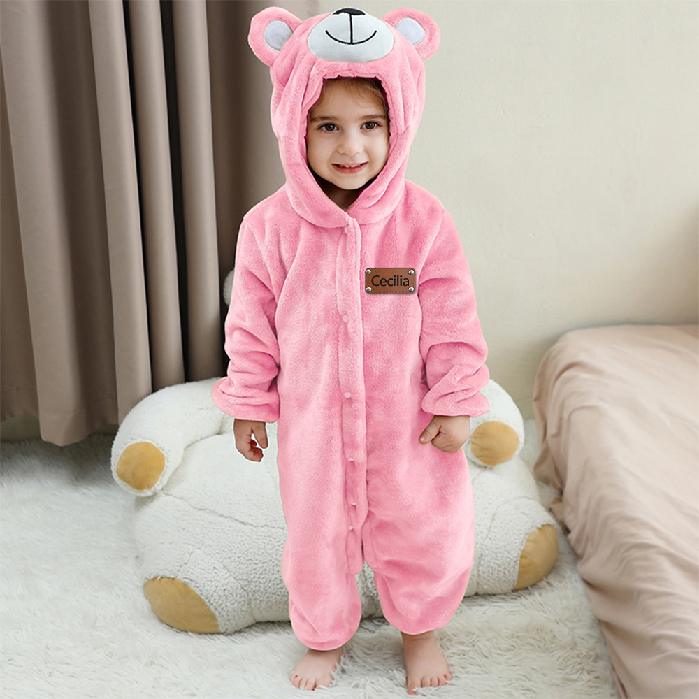 Personalized Leather Patch Baby Lovely Bear Animal Romper | CWBaby288