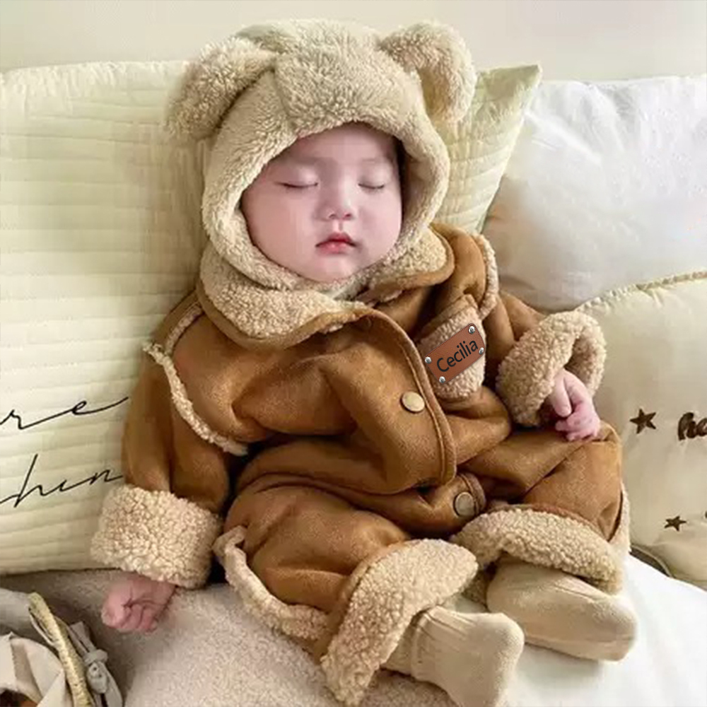 Personalized Leather Patch Double-Sided Wear Suede Baby Romper | CWBaby291
