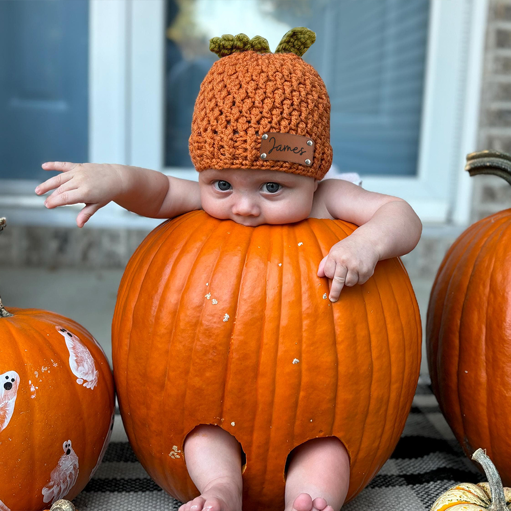 Personalized Leather Patch Pumpkin Wool Beanie | CWHalloween72