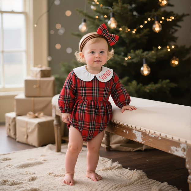Personalized Christmas Baby Girl Lovely Plaid Outfit Set | MCGift154