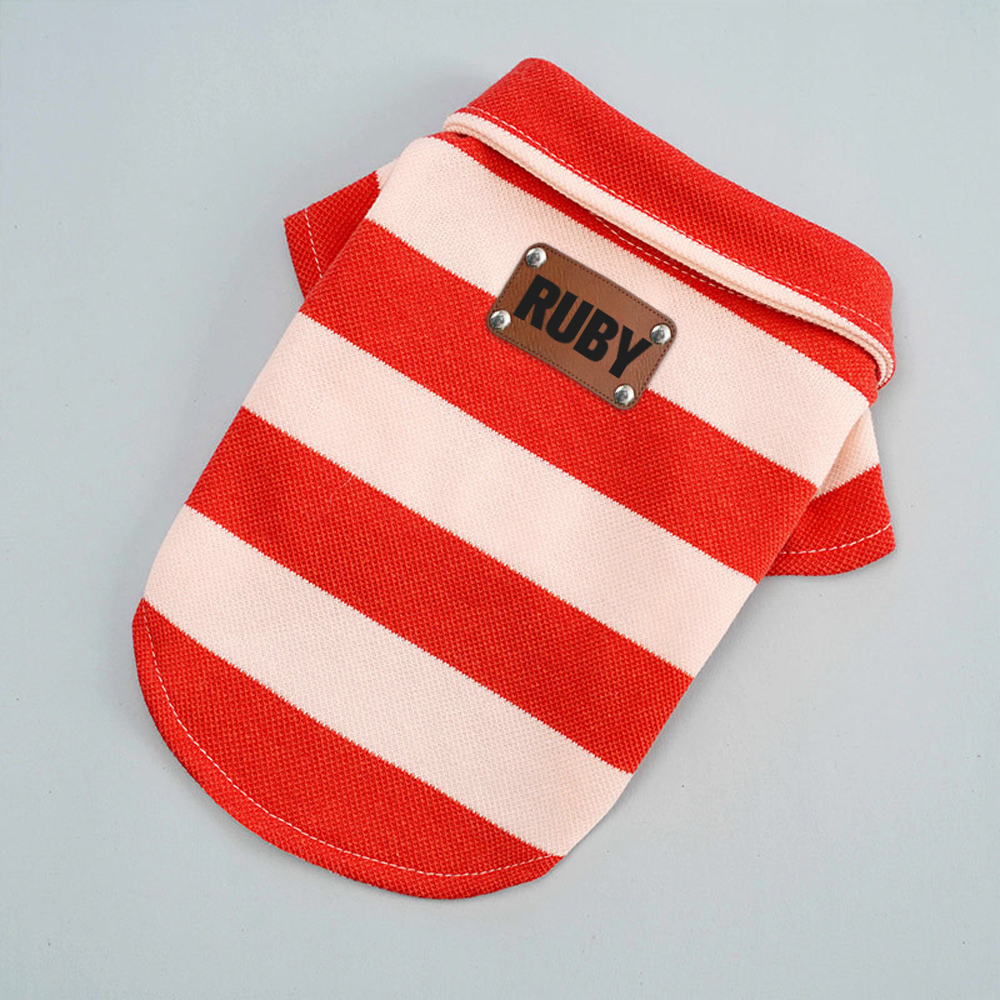 Personalized Leather Patch Pet Stripe Polo Shirt | BKPet223