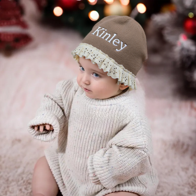 Personalized Embroidery Winter Hat Lace Bonnet | HSKid61