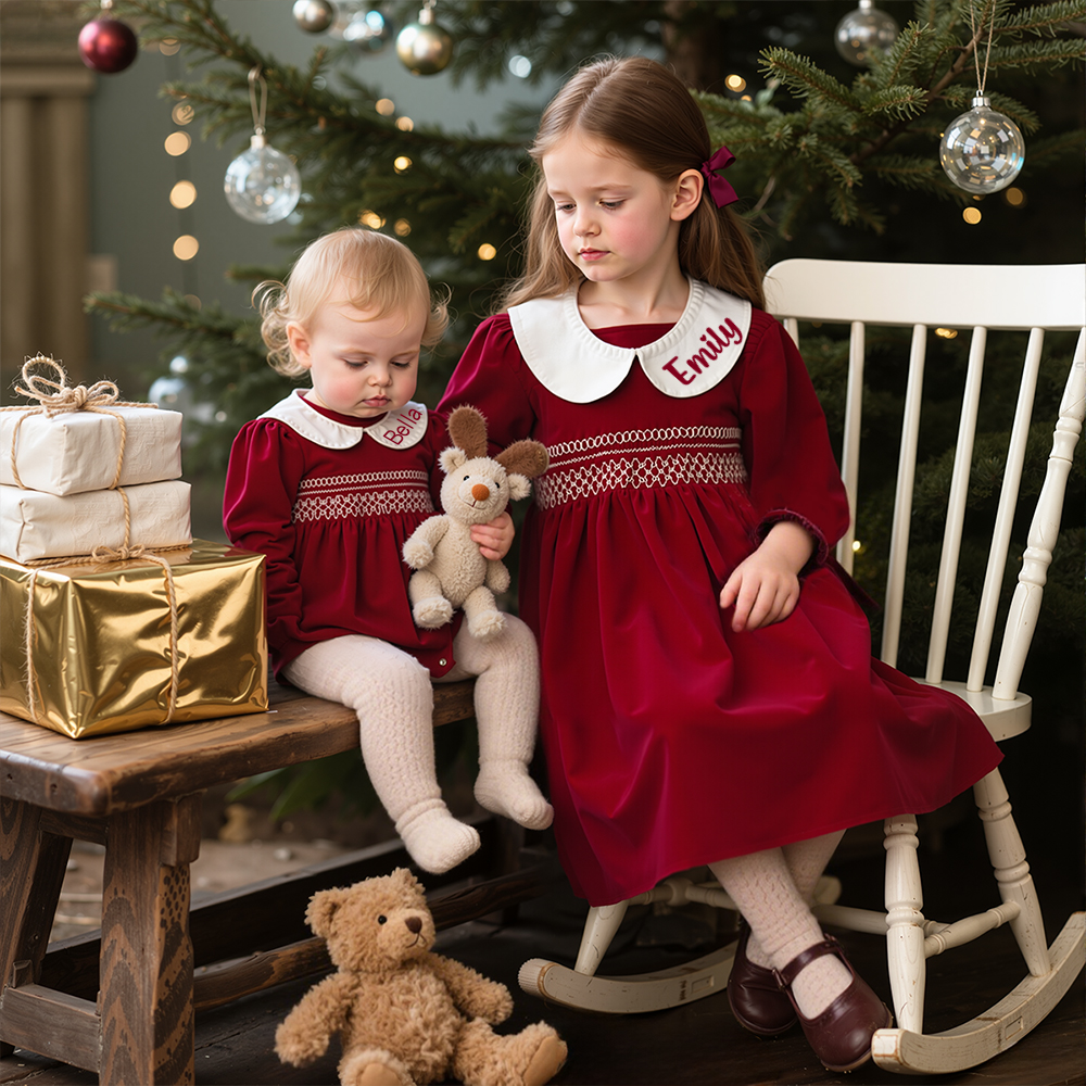 Personalized Baby Girl Plaid Long Sleeve Dress | CWBaby310