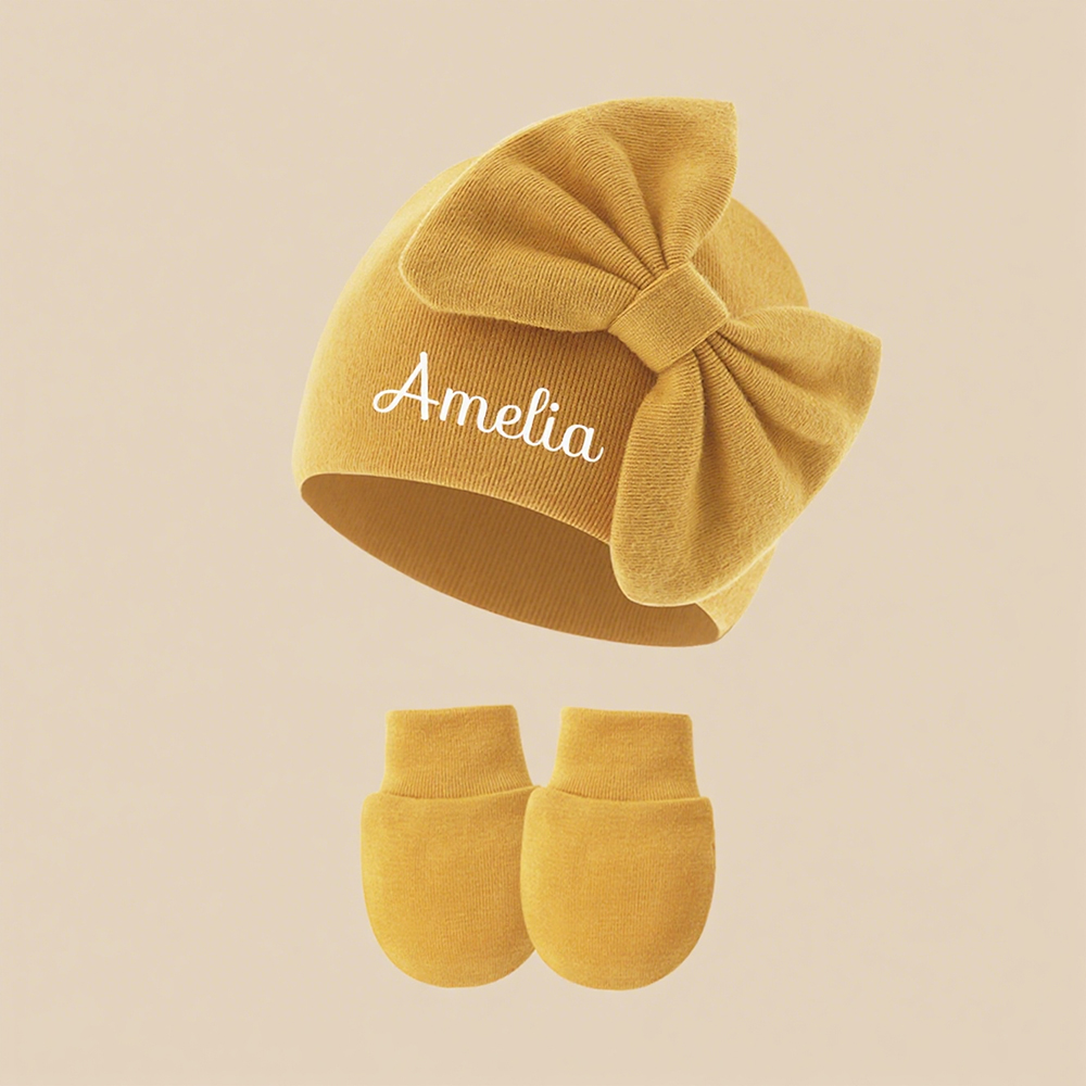 Personalized Newborn Coming Home Bow Beanie And Gloves Set | HSKid62