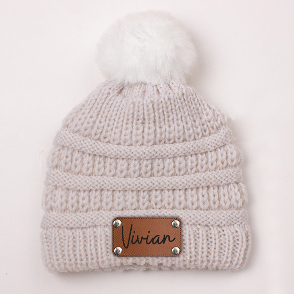 Personalized Leather Patch Kid Colorful Pom Pom Hat | HSKid63