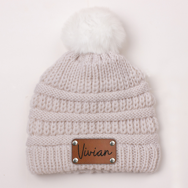 Personalized Leather Patch Kid Colorful Pom Pom Hat | HSKid63