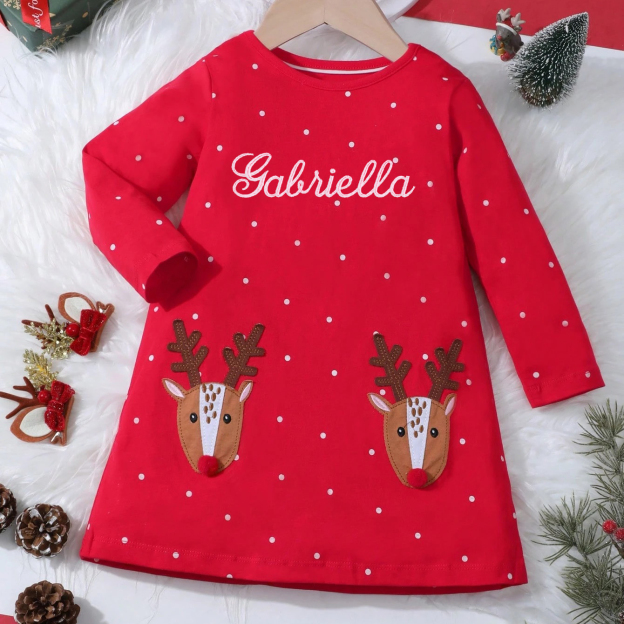 Personalized Girl's Christmas Reindeer Dress | MCGift180