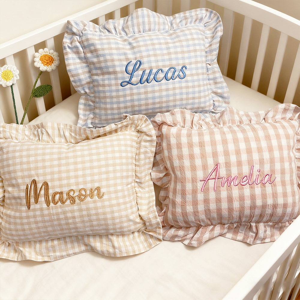 Personalized Embroidered Baby Plaid Ruffles Pillow | CWBaby328