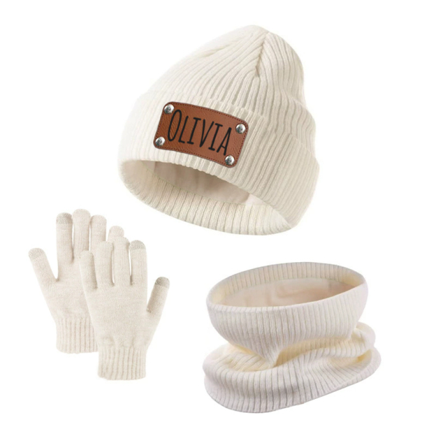 Personalized Leather Patch Kid Winter Hat Glove Scarf Set | HSKid69