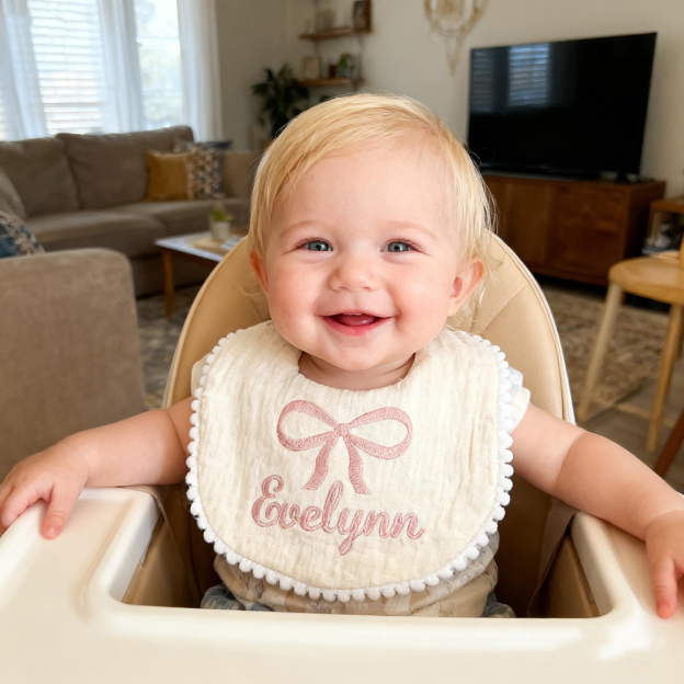 Personalized Embroidered Baby Lovely Bow Muslin Bib | CWBaby21402