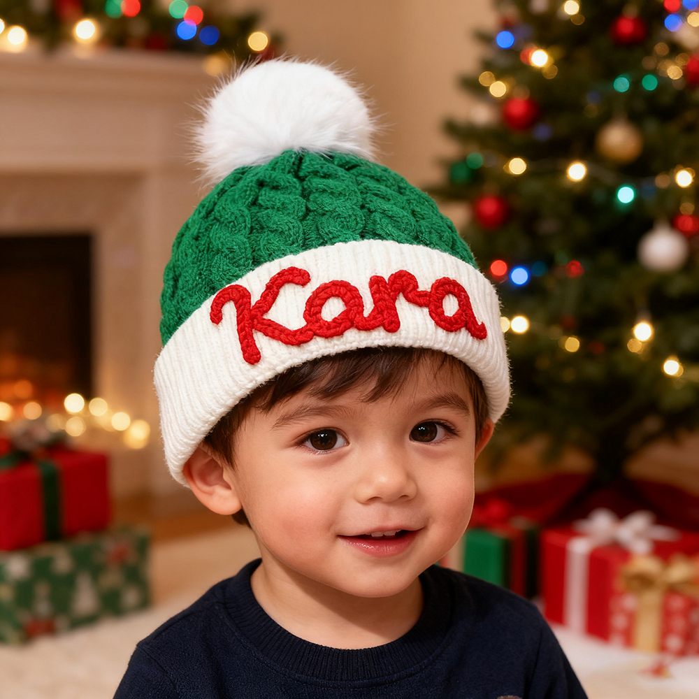 Personalized Hand Embroidery Christmas Pom Pom Hat | HSKid71