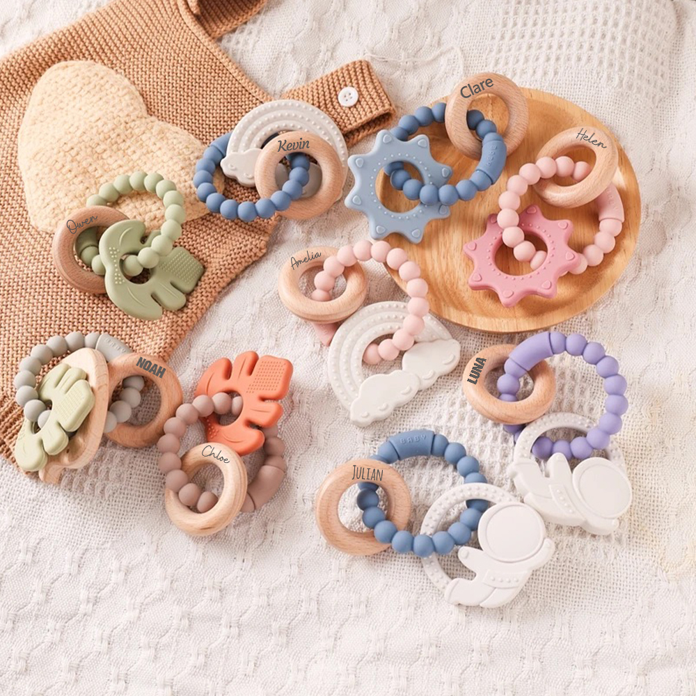 Personalised Baby Food Silicone & Wooden Sensory Teething Ring | CWToy162