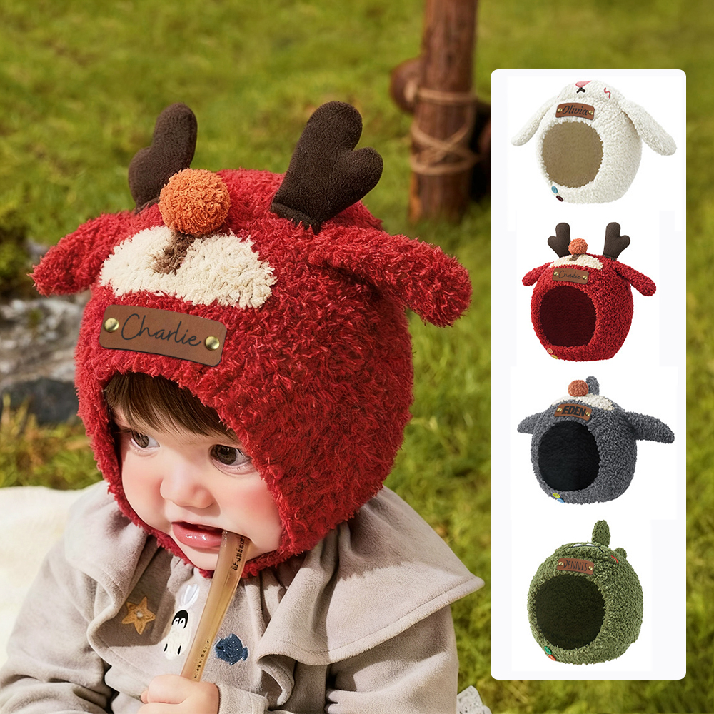 Personalized Leather Patch Adorable Animals Warm Winter Hat | HSKid73