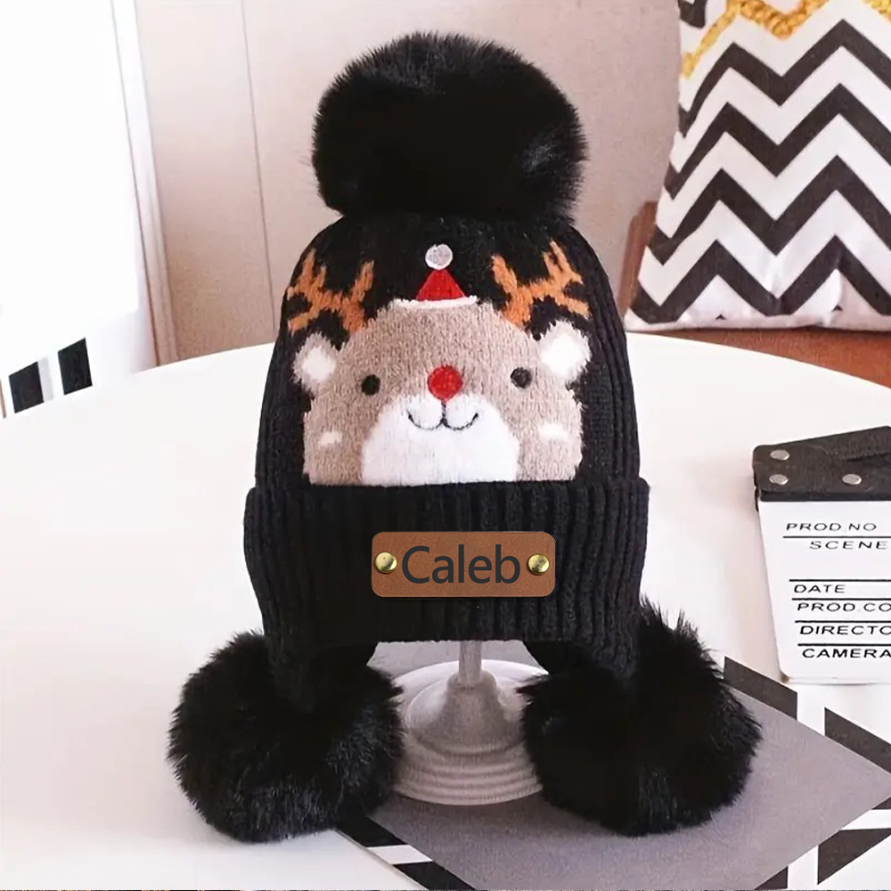 Personalized Leather Patch Adorable Elk Warm Winter Pom Pom Hat | HSKid77