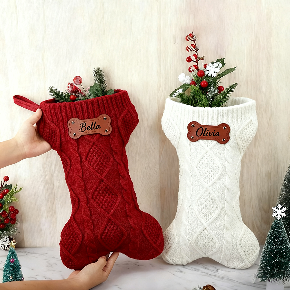 Personalized Leather Patch Dog Bone Christmas Stocking | MCGift216