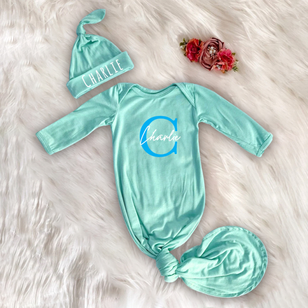 Personalized Cozy Newborn Gown with Knotted Hat | CWbaby33