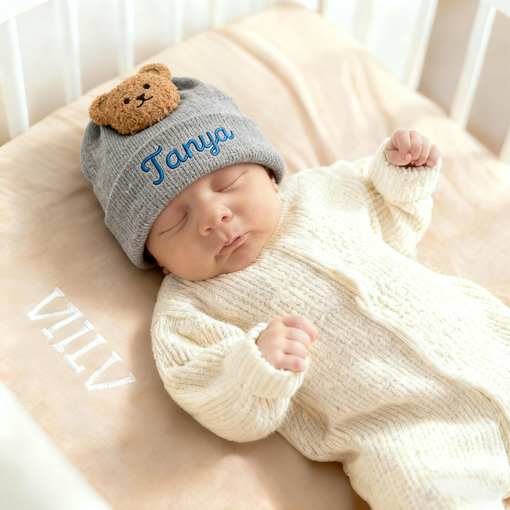 Personalized Embroidery Organic Cotton Baby Beanie with Teddy Bear | HSKid78