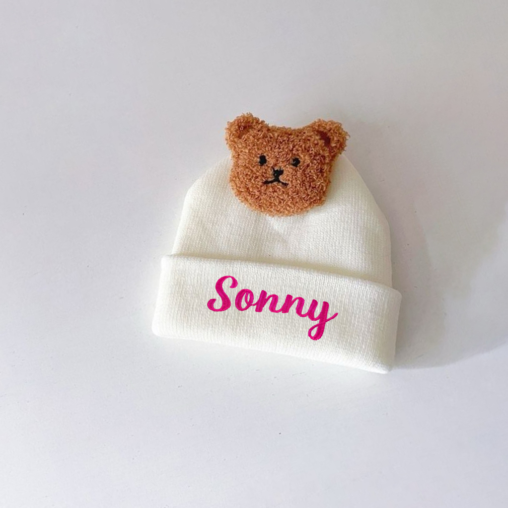 Personalized Embroidery Organic Cotton Baby Beanie with Teddy Bear | HSKid78