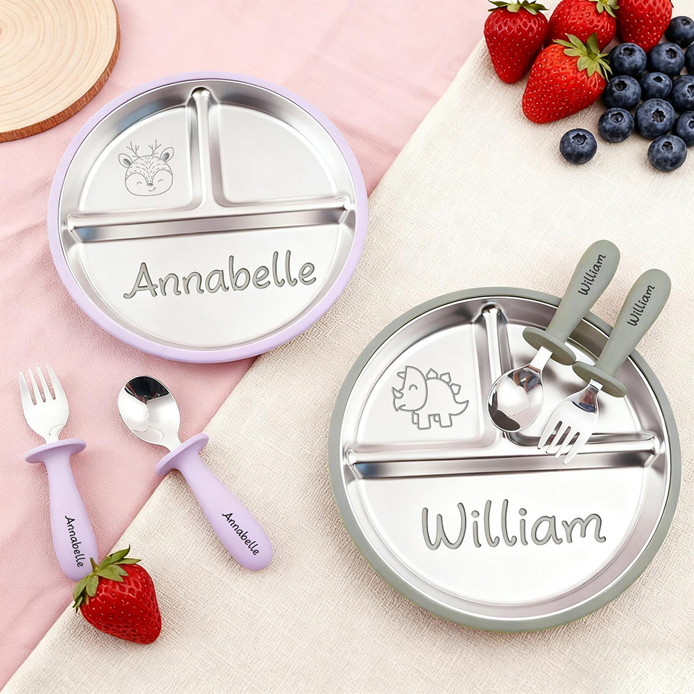 Personalised Baby Stainless Steel Plate Fork & Spoon Set | CWBaby352
