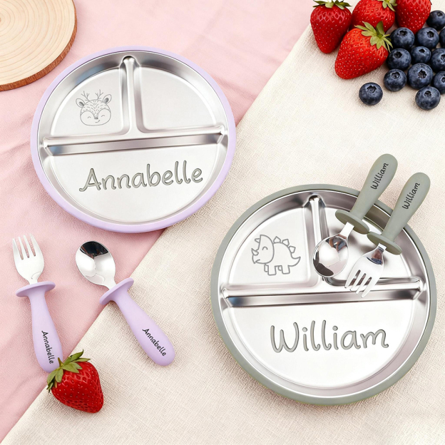 Personalised Baby Stainless Steel Plate Fork & Spoon Set | CWBaby352