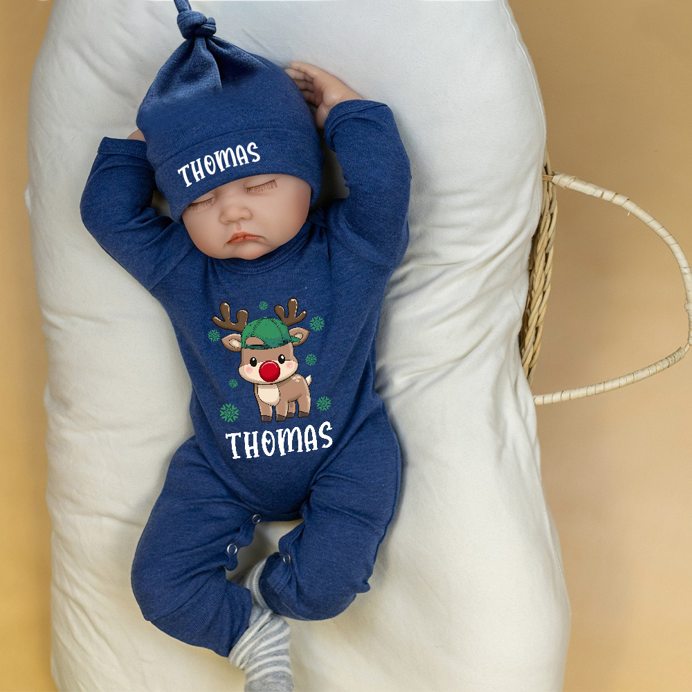 Personalized Baby Christmas Adorable Elk Romper and Hat Set | MCGift233