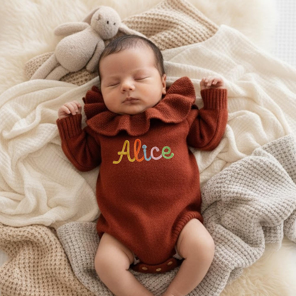 Personalized Hand Embroidered Baby Ruffled Knit Romper | CWBaby366