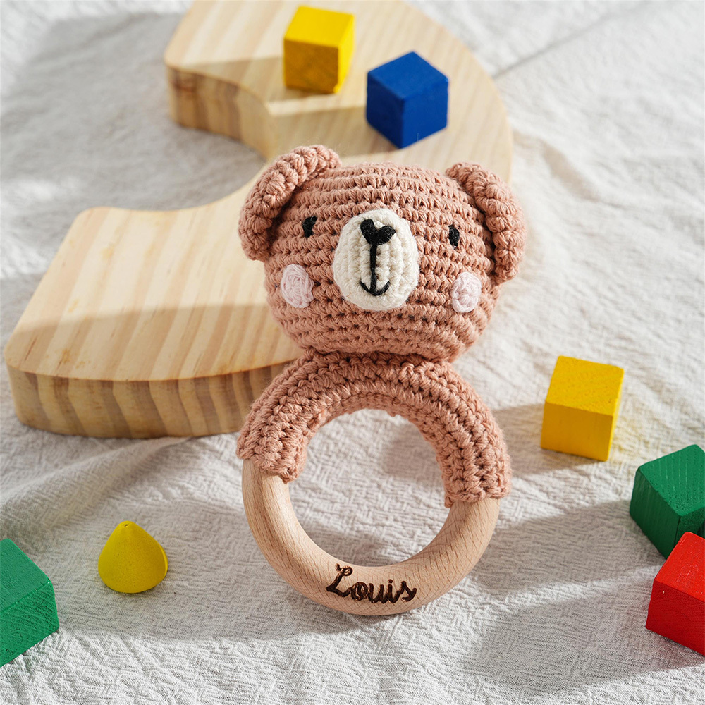 Personalized Baby Handmade Crochet Wooden Rattle Ring | CWToy172