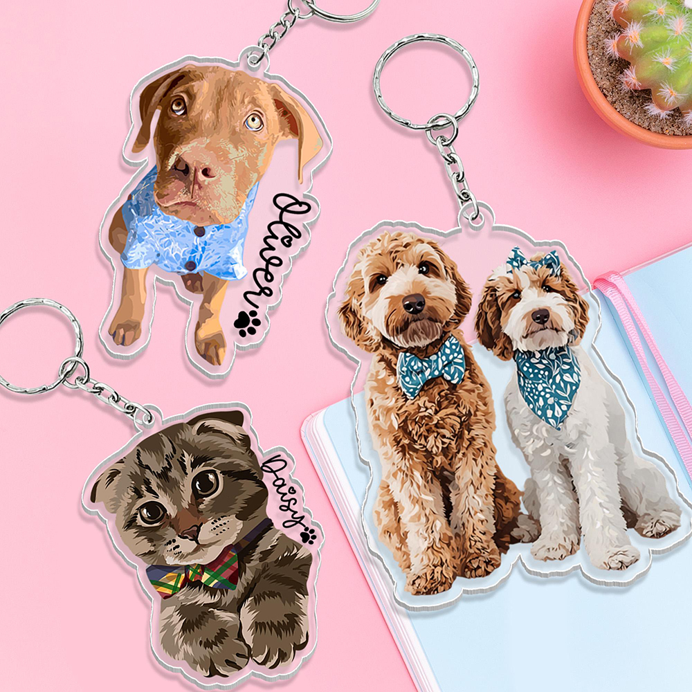 Personalized Illustrated Pet Portrait Memorial Photo Keychain | CWGift24