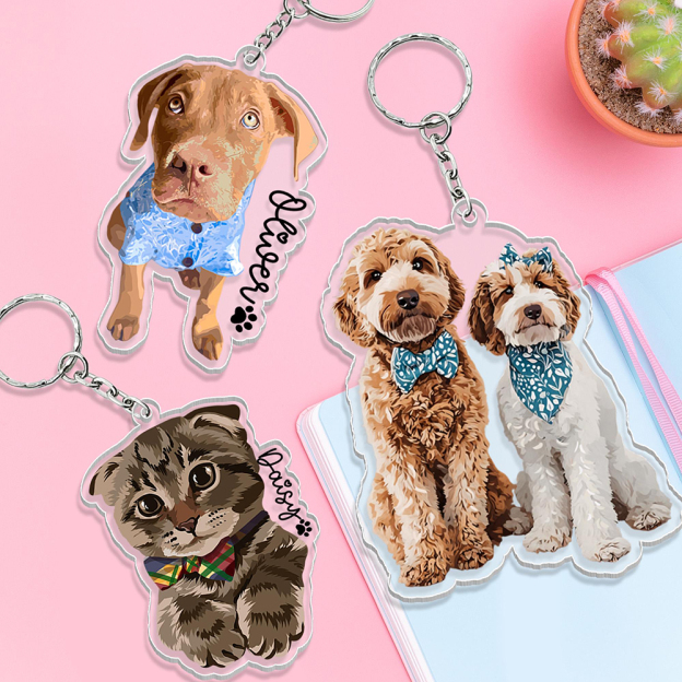 Personalized Illustrated Pet Portrait Memorial Photo Keychain | CWGift24