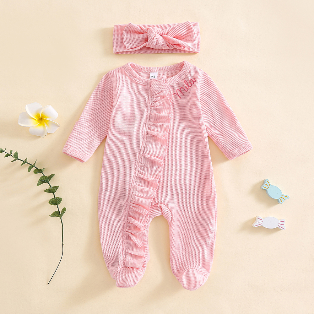 Personalized Newborn Embroidery Waffle Ruffled Romper With Bow | CWBaby426