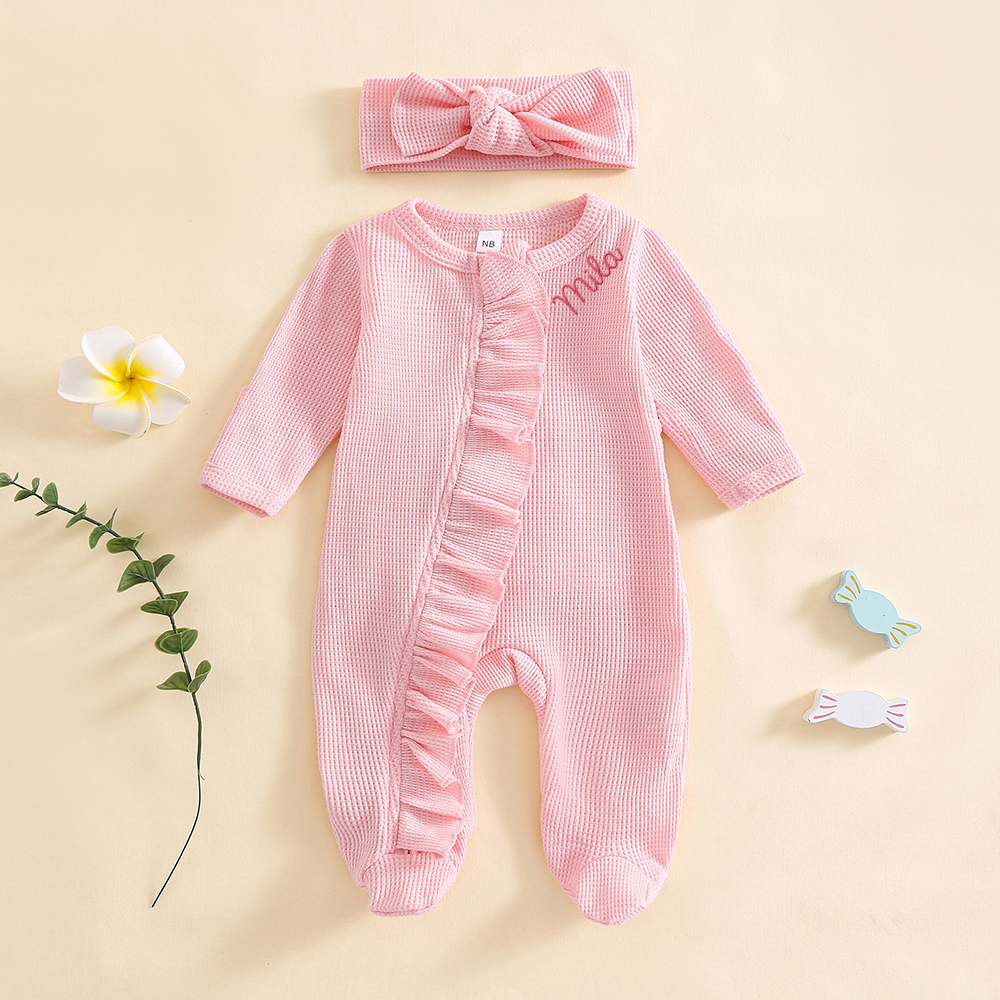 Personalized Newborn Embroidery Waffle Ruffled Romper With Bow | CWBaby426