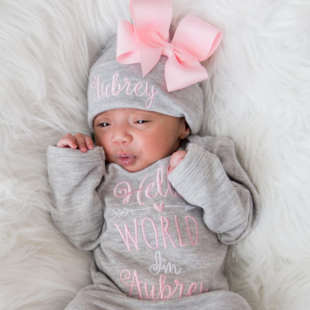 Personalized Embroidery Baby Girl Coming Home Romper and Hat Set | CWBaby425