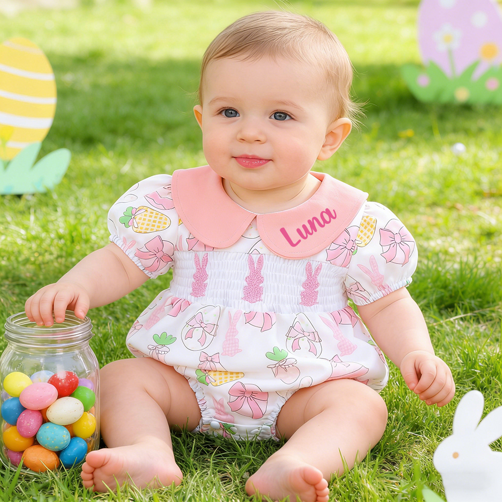 Personalized Easter Baby Girl Lovely Bunny Romper | CWEaster90
