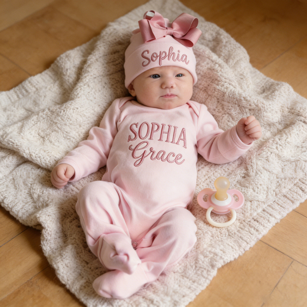 Personalized Embroidery Baby Girl Coming Home Romper and Hat Set | CWBaby458
