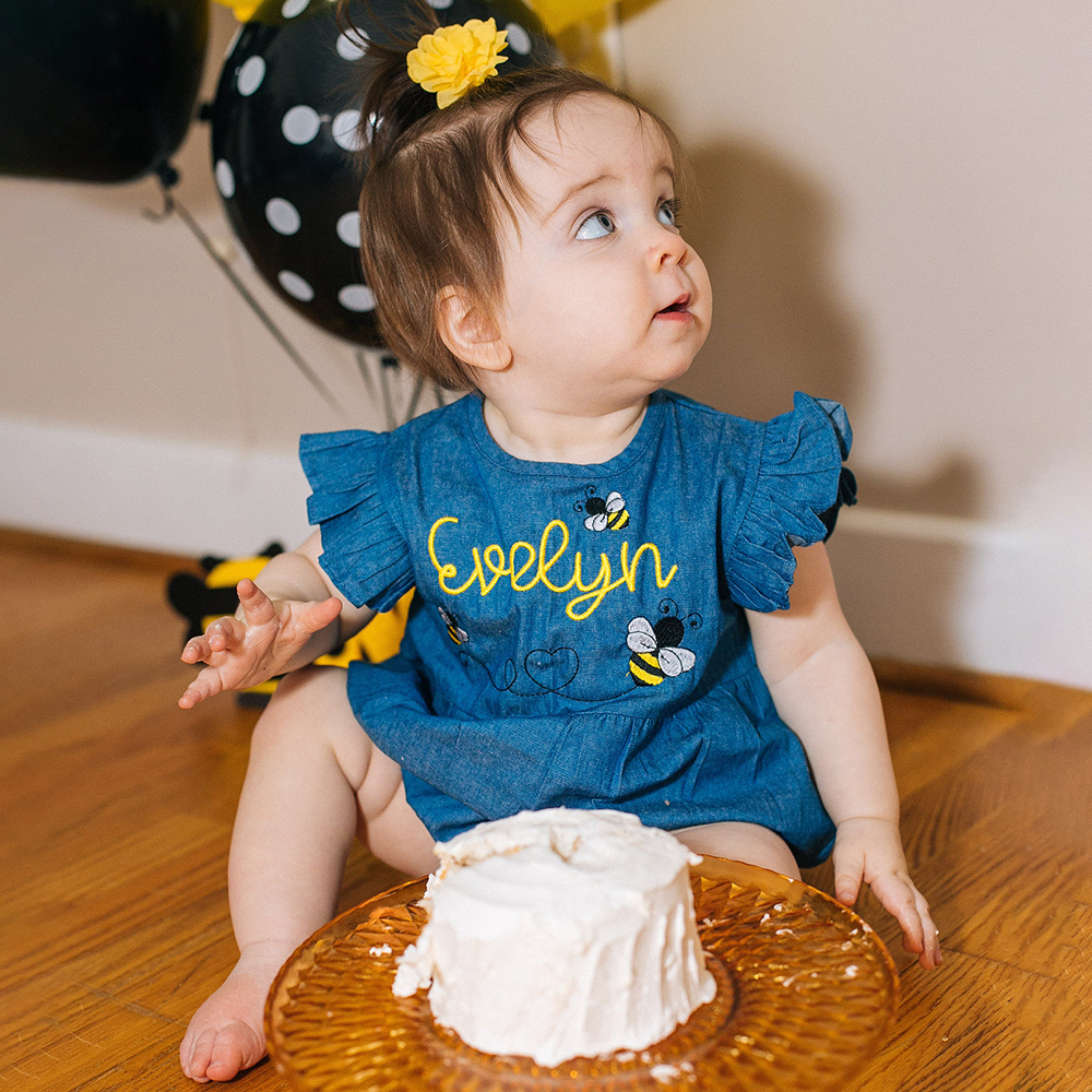 Personalized Baby Adorable BEE Denim Bubble Romper | CWBaby463