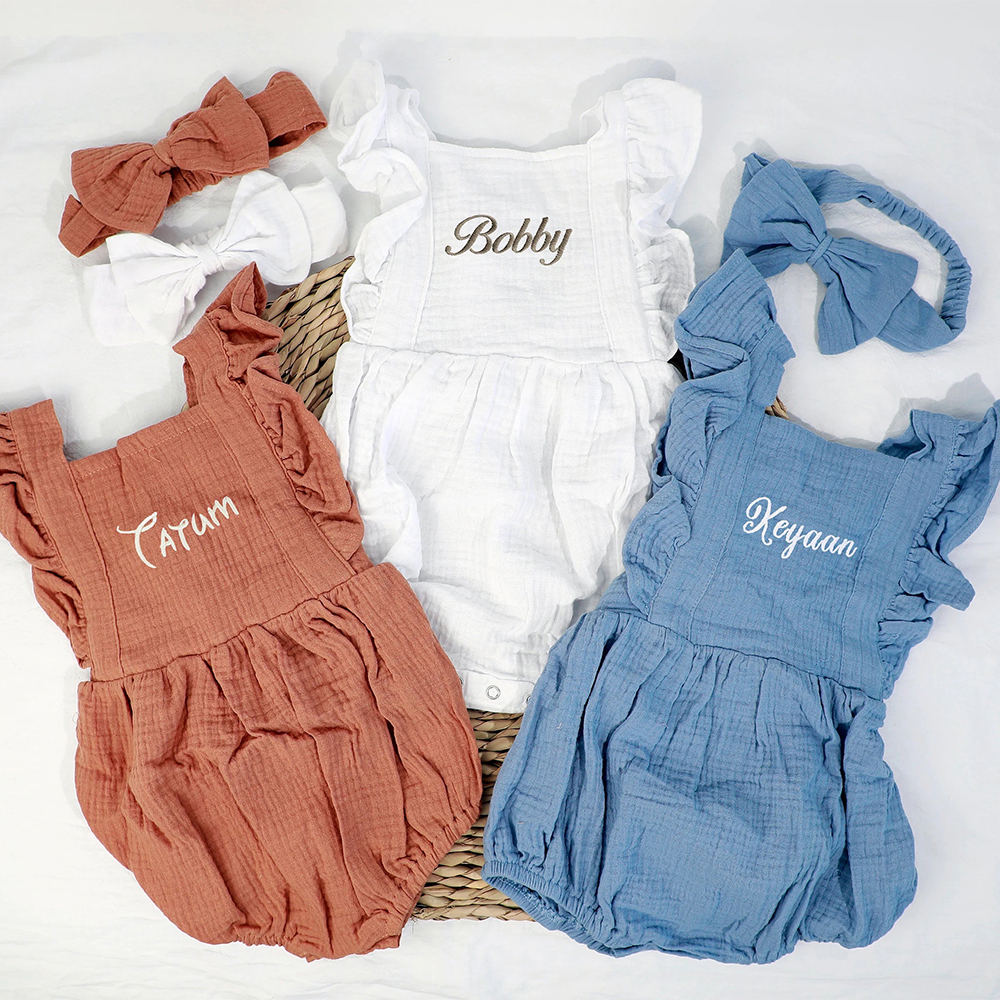 Personalized Embroidery Baby Organic Cotton Muslin Romper with Bow | inRomper35
