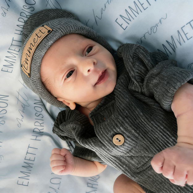 Personalized Leather Patch Baby Beanie Outfit Set | CWBaby84