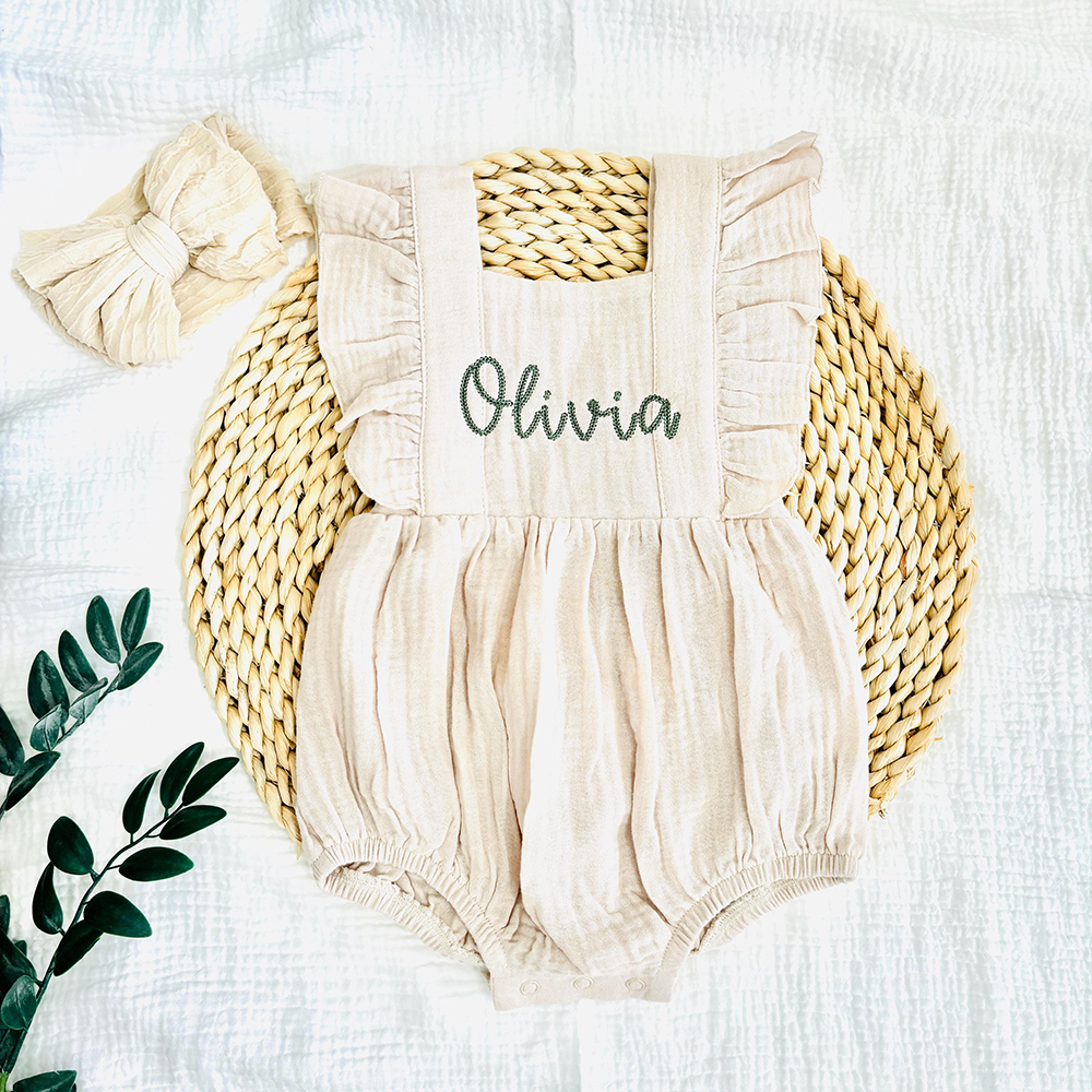 Personalized Embroidery Baby Organic Cotton Muslin Romper with Bow | inRomper35