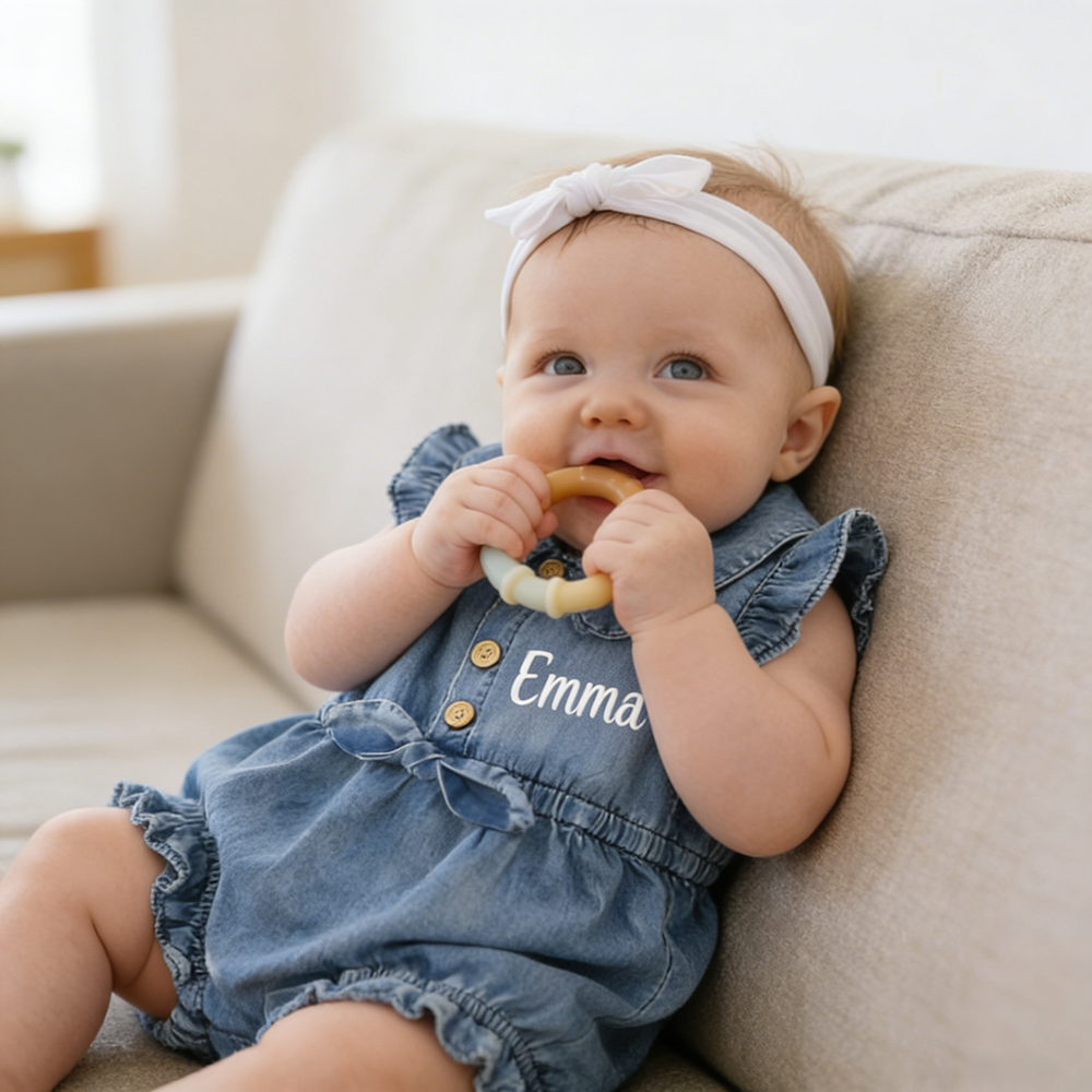 Personalized Baby Girl Elegance Denim Ruffled Romper | CWBaby476