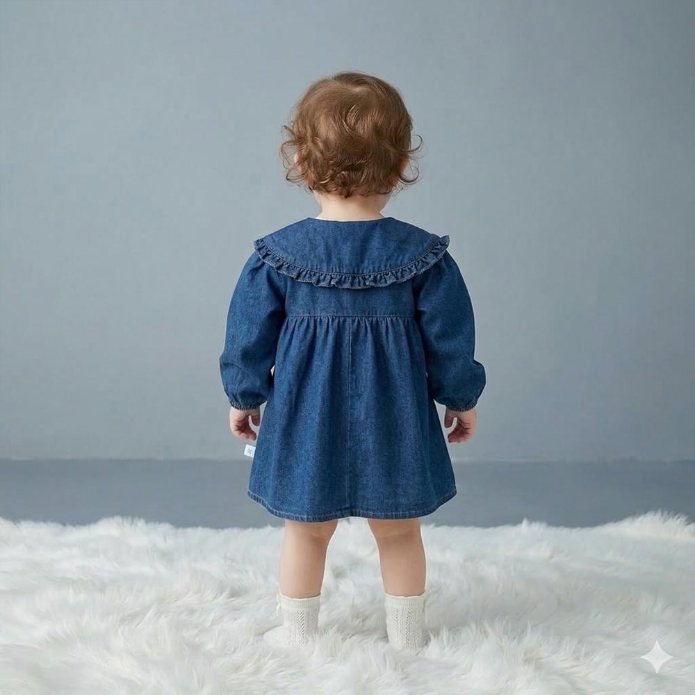Personalized Baby Girl Vintage Puff Sleeves Denim Dress | CWBaby478
