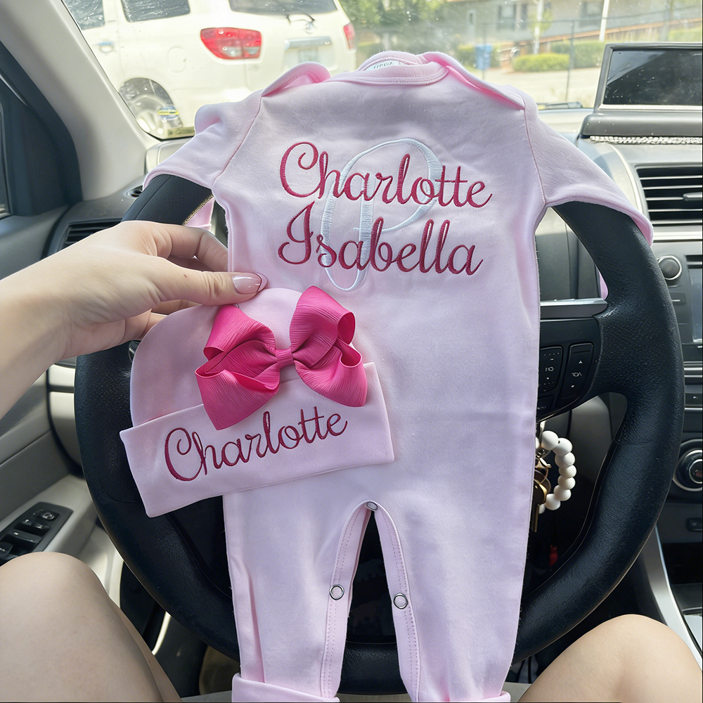Personalized Embroidery Baby Girl Coming Home Romper and Hat Set | CWBaby479