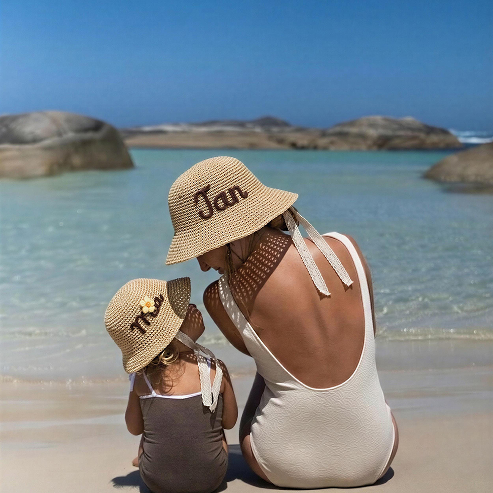 Personalized Hand Embroidered Straw Floppy Sun Hat | CWBeach163