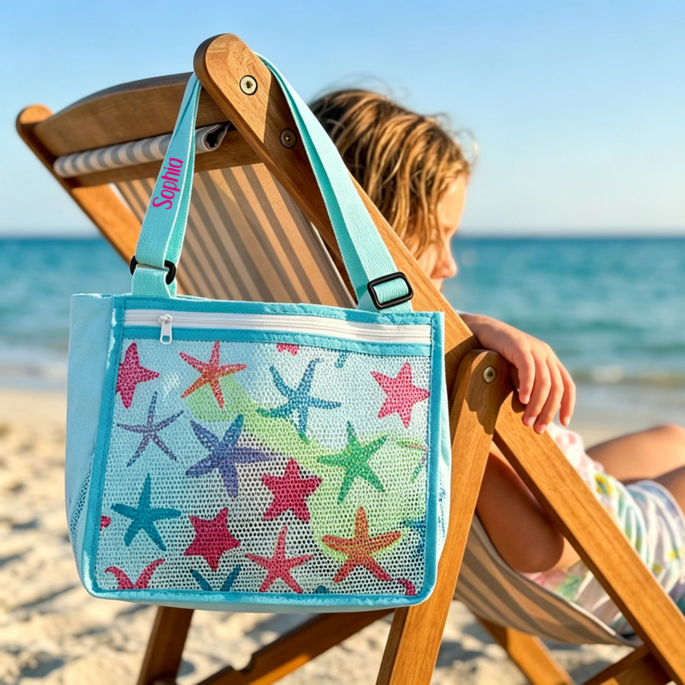 Personalized Embroidery Seashell Zipper Mesh Beach Bag | CWBeach109