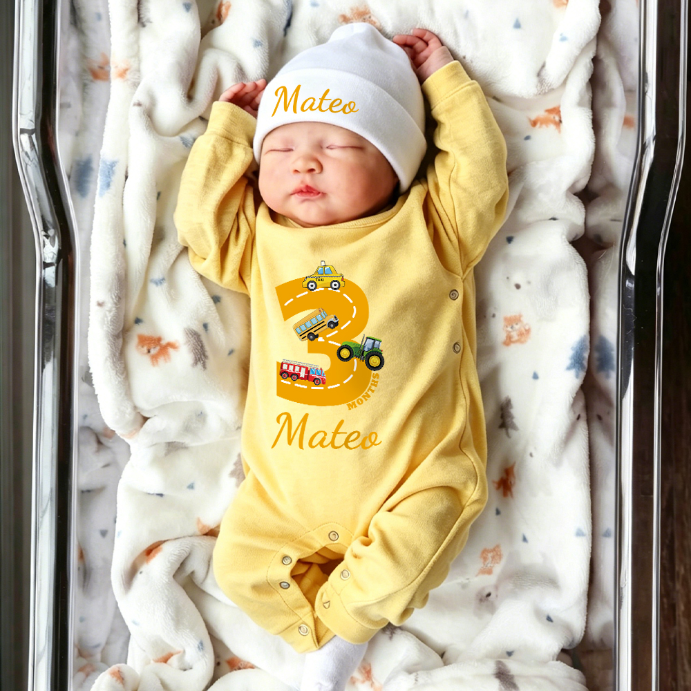 Personalized Baby Transportation Vehicle Romper With Hat Set | CWBaby497