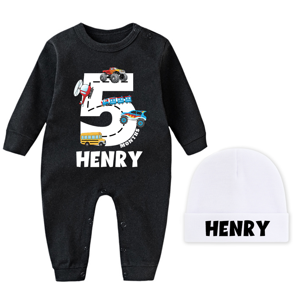 Personalized Baby Transportation Vehicle Romper With Hat Set | CWBaby497
