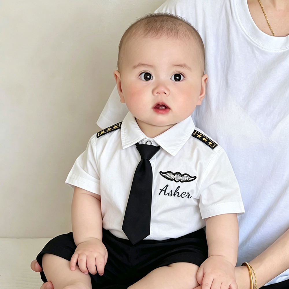 Personalized Baby Pilot Short-Sleeved Shirt and Shorts Set | CWBaby498