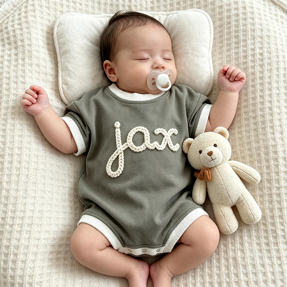 Personalized Hand Embroidered Short Sleeve Baby Bubble Romper | CWBaby503