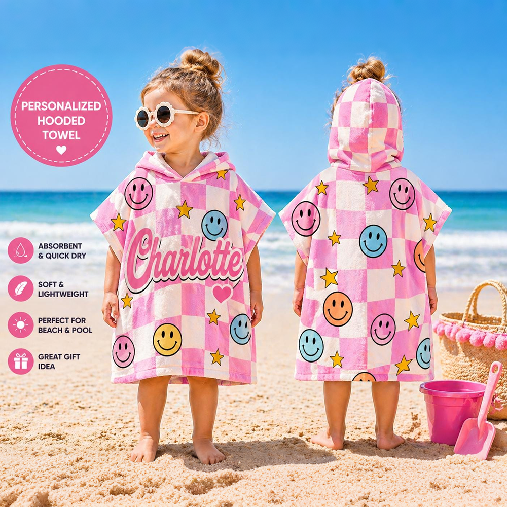 Personalized Checkered Smiley Kids Hooded Beach Towel for Summer & Beach | CWHTowel50