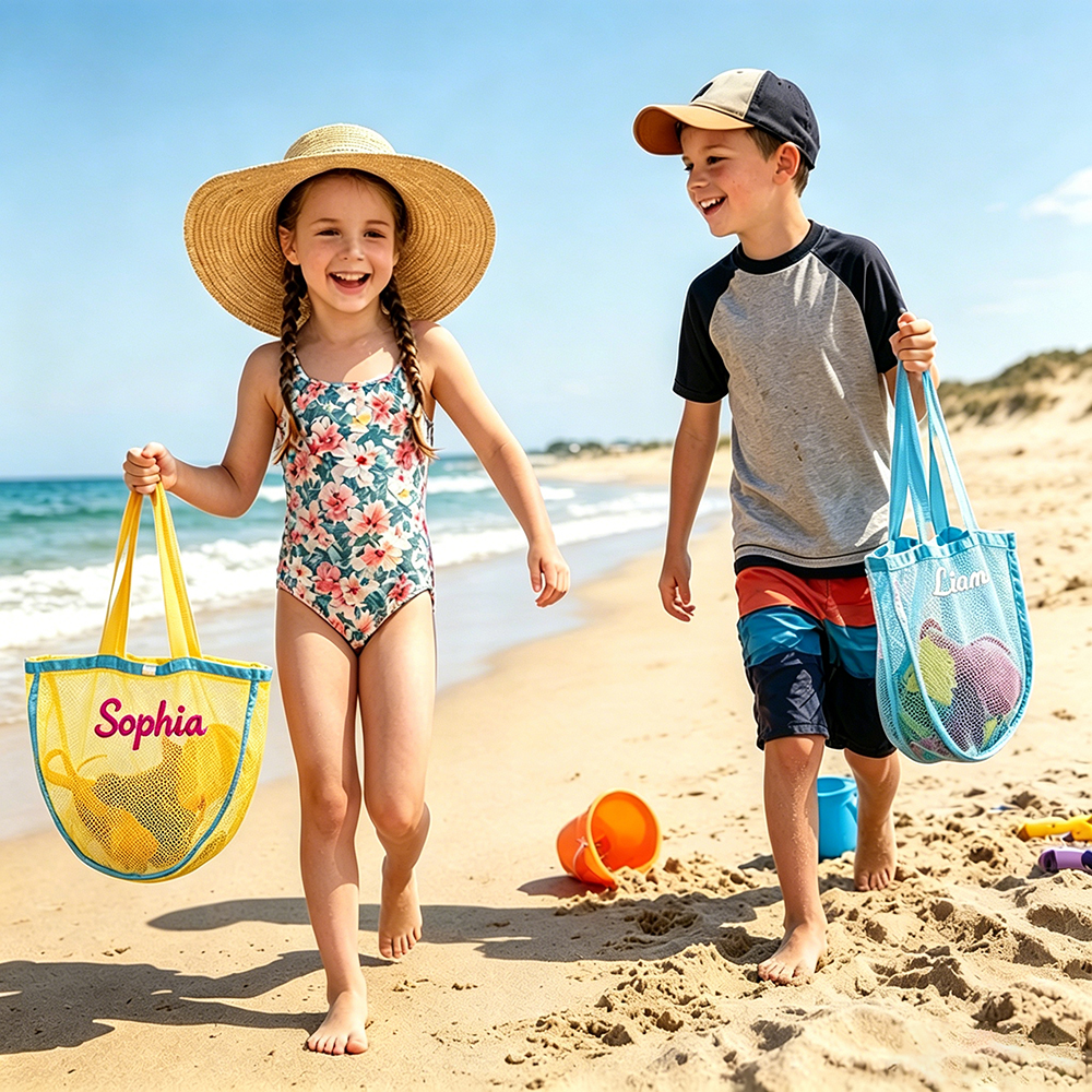 Personalized Embroidered Seashell Zipper Mesh Beach Bag | CWBeach249